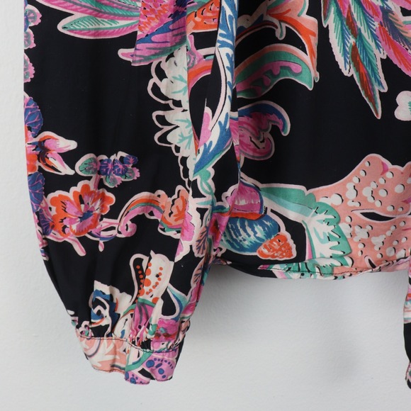 Banjanan Bethany Tie Neck Ruffle Top Small Rococo Fantasy Bird Print Black - Picture 5 of 8